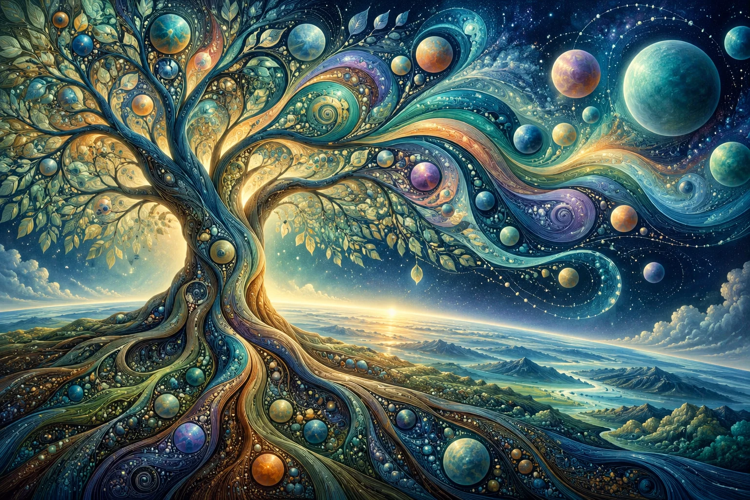 Illustrative artwork of a rooted tree flowing into an expansive celestial sky