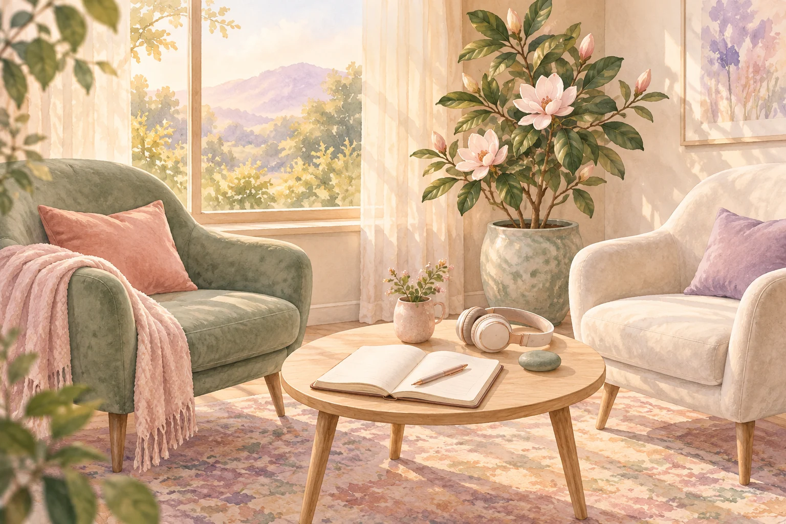 An illustrative therapy space with two chairs, an open journal, headphones, and a flowering magnolia